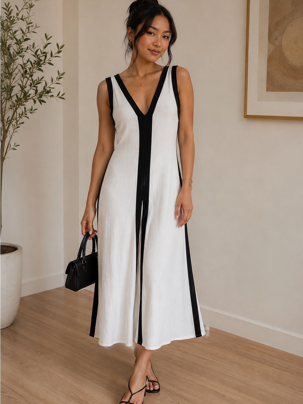 Andrew Marc White Midi Dress with Black Contrast Panels